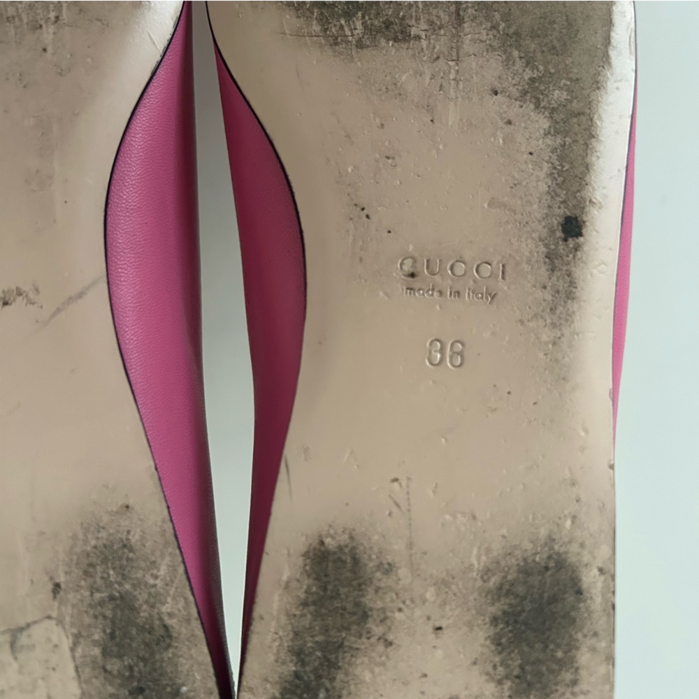 Gucci Nappa Lumiere Pink Leather Point Toe Horsebit Silver Chain Ballet Flats 36 - Picture 9 of 10